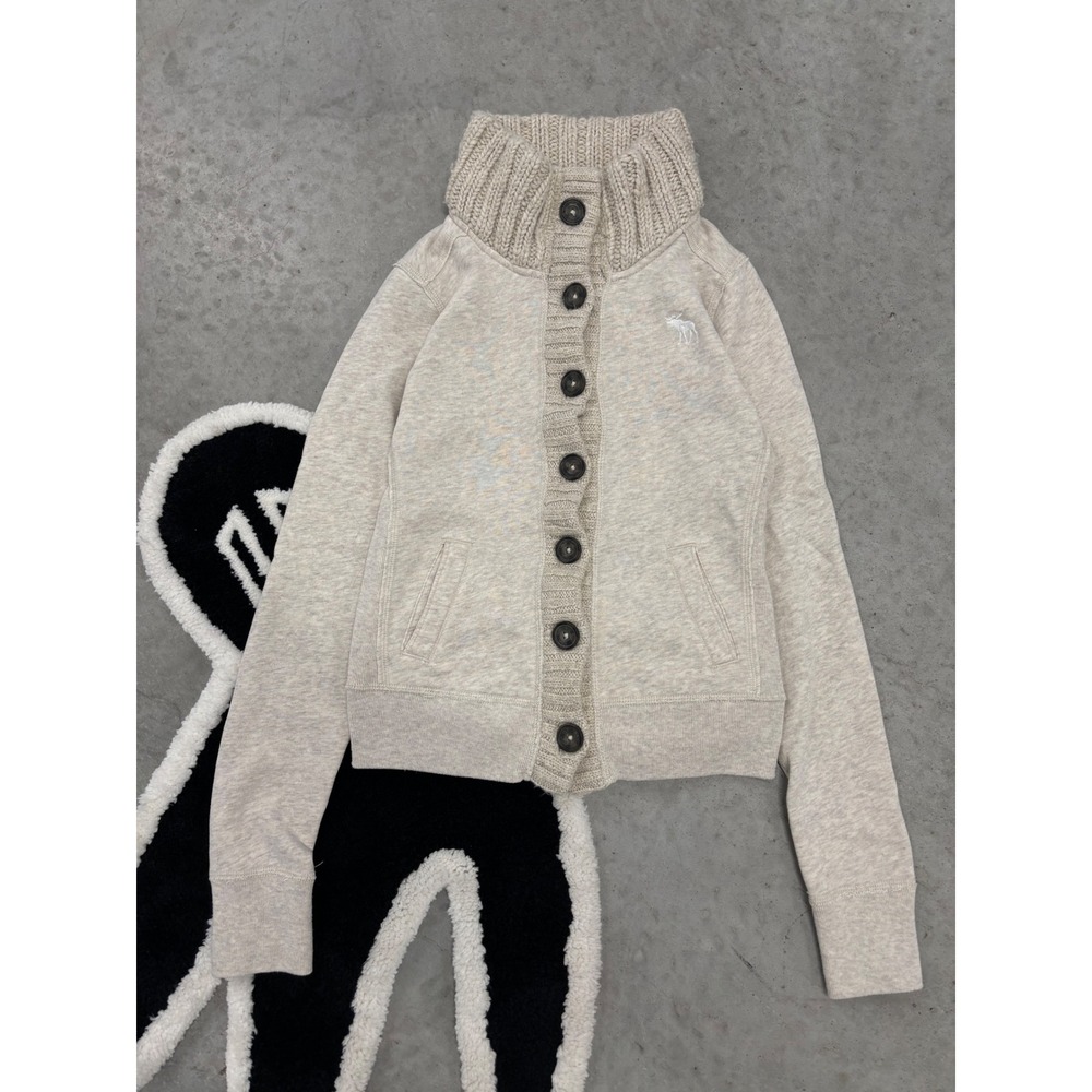 Y2K Abercrombie & Fitch Womens Small Oatmeal Button Front Funnel Neck Sweatshirt